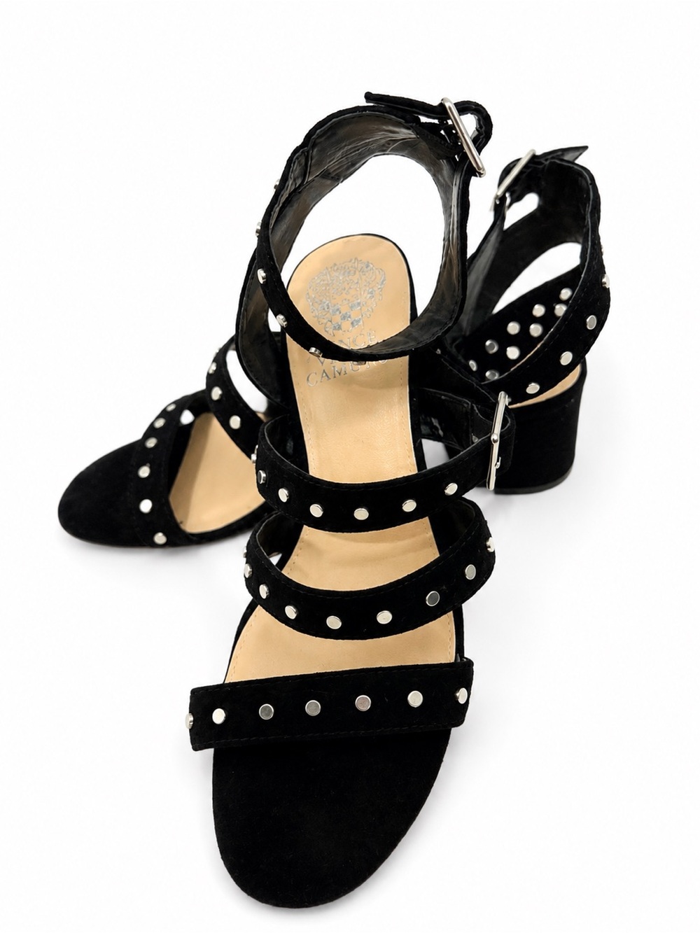 Vince Camuto Braylee Black Leather Studded Block Heel Sandals Women’s 8.5 EU39